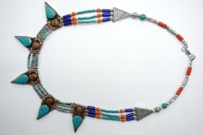 Collier Tibetain Turquoise et Corail Lapis-lazuli