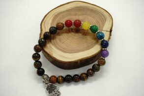 BRACELET pierres 7 chakras sur des pierre d’oeil du tigre avec breloque main de fatma