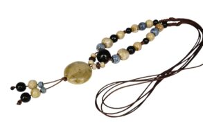 collier en céramique rouge/bleu sur cordon marron