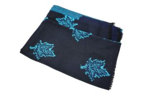 pashmina bleu marine cachemire/coton avec motifs feuilles
