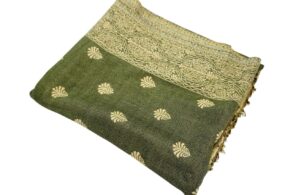 Pashmina SOIE/CACHEMIRE vert kaki/jaune doré avec des motifs
