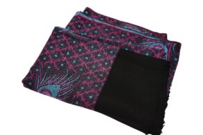 Pashmina SOIE/CACHEMIRE noir avec motifs couleur bleu et fuchsia