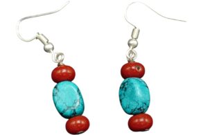 Boucles d’oreille tibétaines turquoise et cristal rouge