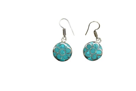 Boucles D'Oreilles Tibétaines En Argent Et Turquoise Reconstituée - Style Pendantes, Fermoir Dormeuse - Neuf Sans Emballage