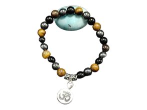 BRACELET pierre triple protection obsidienne/hematite/oeil du tigre signe AUM