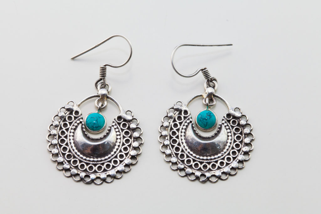 Boucles D'oreilles Argent Massif Avec Pierre Turquoise - Bijoux Anciens Occasion